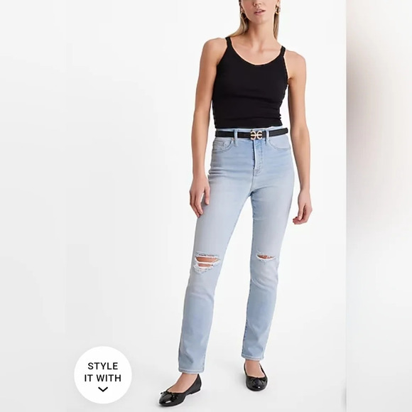 Express Girlfriend Jeans Light wash distressed knees stretch classic Size 12 - Picture 1 of 6